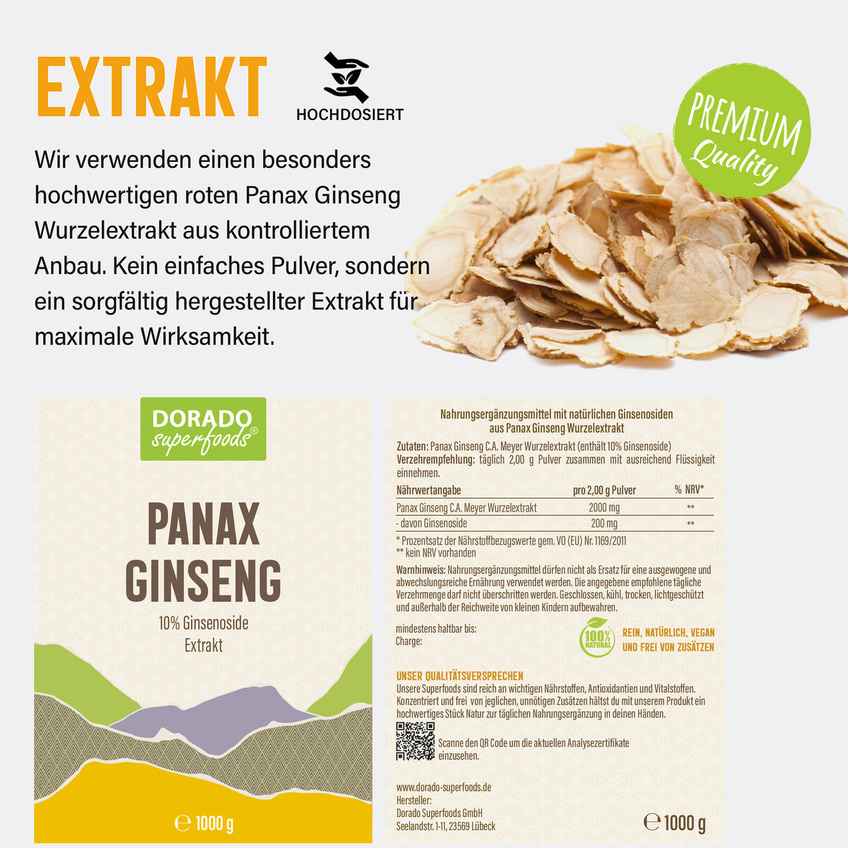 Panax Ginseng Wurzelpulver aus Extrakt – 1000 g – 10 % Ginsenoside