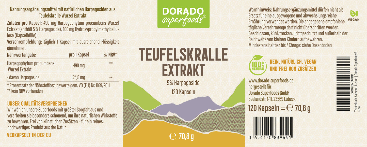 Teufelskralle Extrakt Kapseln - 490 mg | 5% Harpagoside - 4 Monatsvorrat