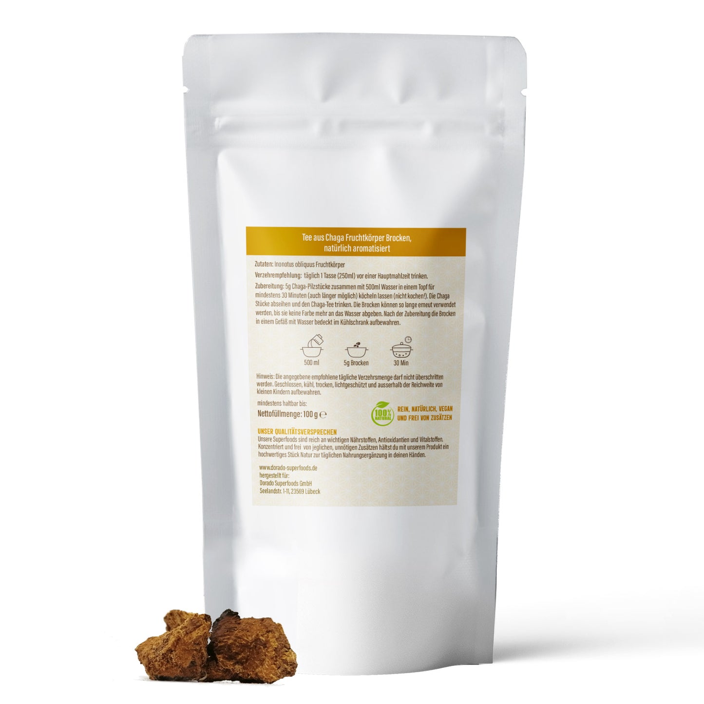 Chaga Pilz Brocken Tee | 100g | aus Wildsammlung | Dorado Superfoods | ohne Zusatzstoffe