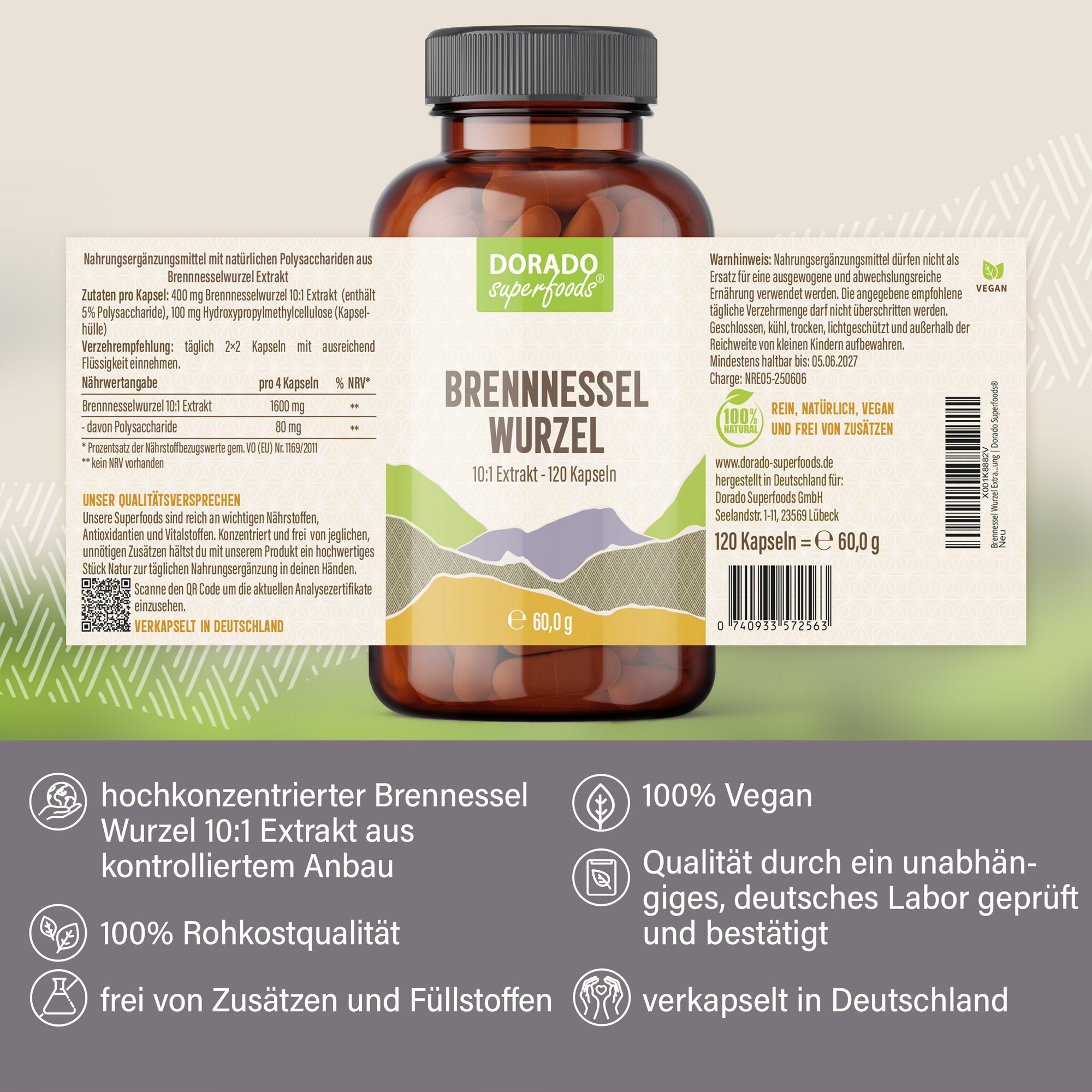 Brennnesselwurzel Extrakt Kapseln - 120 Stück, 1600 mg Tagesportion