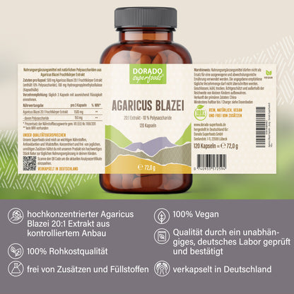 Agaricus Blazei Extrakt Kapseln hochdosiert | 500mg | 20:1 Extrakt | 120 vegane Kapseln | Vitalpilz