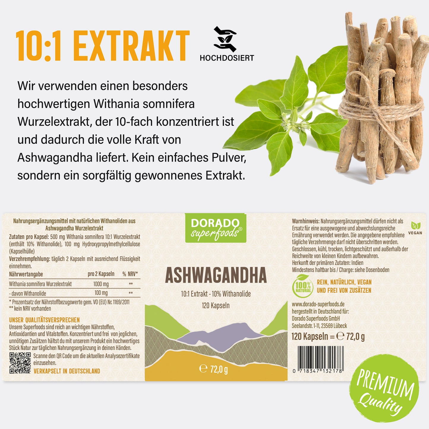 Ashwagandha Extrakt Kapseln | 10% Withanolide | 1000mg Tagesportion | 120 vegane Kapseln