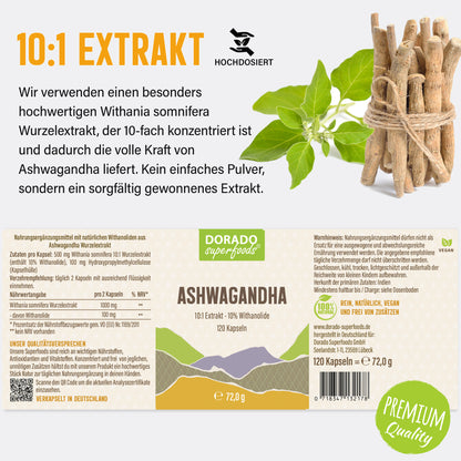 Ashwagandha Extrakt Kapseln | 10% Withanolide | 1000mg Tagesportion | 120 vegane Kapseln