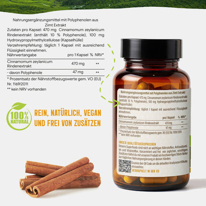 Ceylon Zimt Kapseln – 470 mg Rindenextrakt | 10 % Polyphenole – 120 Stück 4-Monatsvorrat