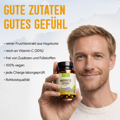 Hagebutte Extrakt Kapseln –  440 mg Frucht  – 30% Vitamin C | 120 Stück – 2 Monatsvorrat