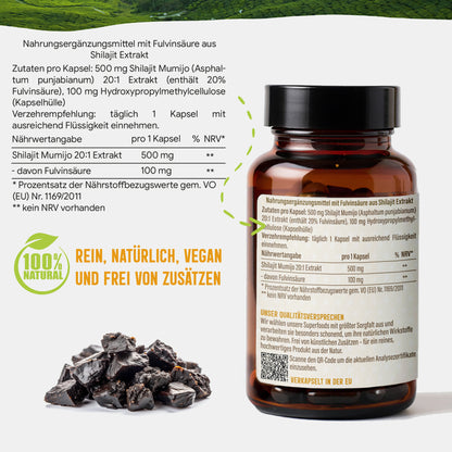 Shilajit Mumijo Extrakt Kapseln –  500 mg – 20% Fulvinsäure | 120 Stück – 4 Monatsvorrat