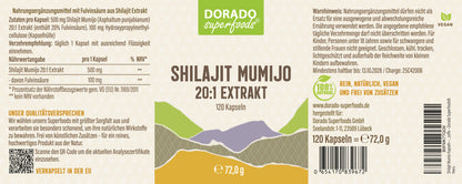 Shilajit Mumijo Extrakt Kapseln –  500 mg – 20% Fulvinsäure | 120 Stück – 4 Monatsvorrat