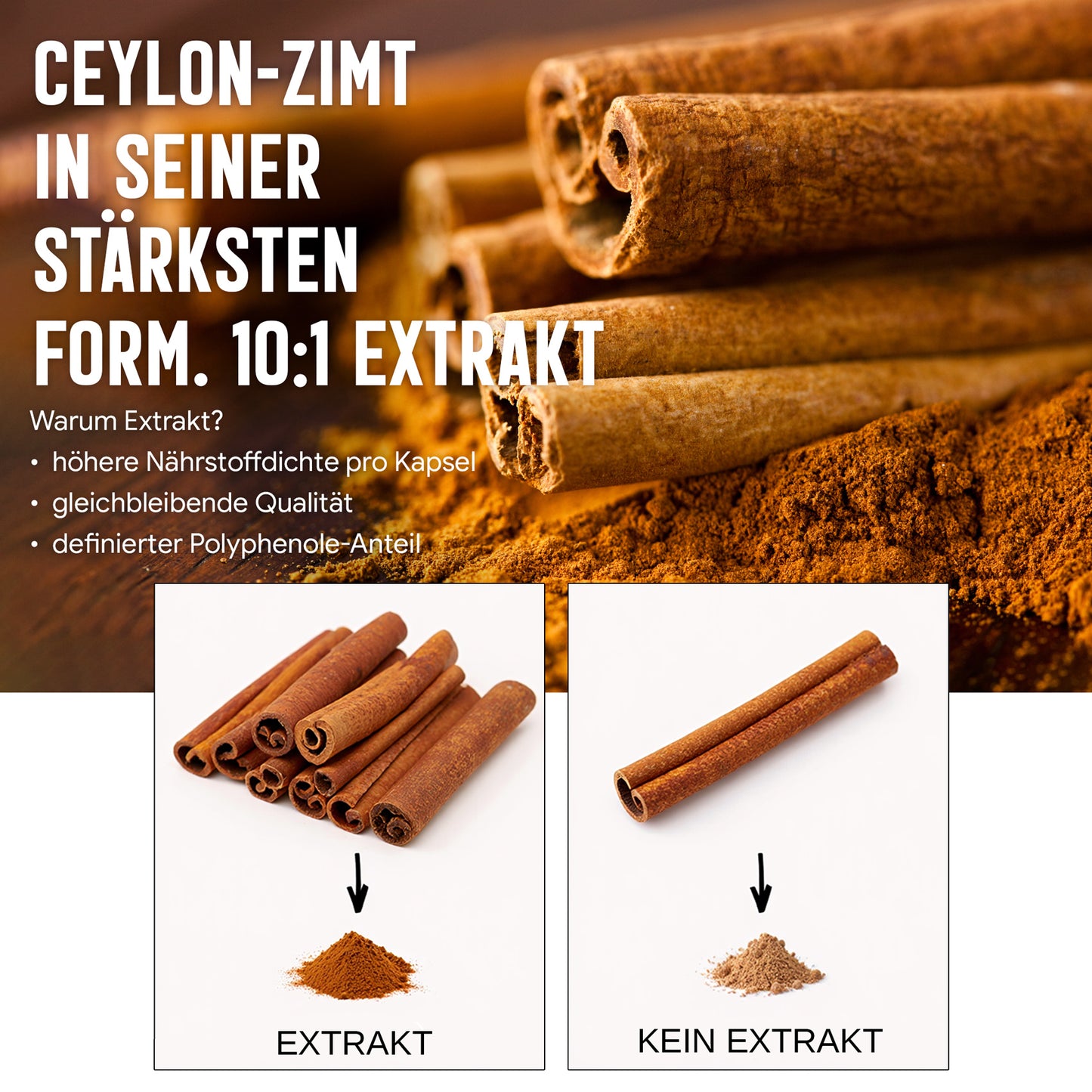 Ceylon Zimt Kapseln – 470 mg Rindenextrakt | 10 % Polyphenole – 120 Stück 4-Monatsvorrat