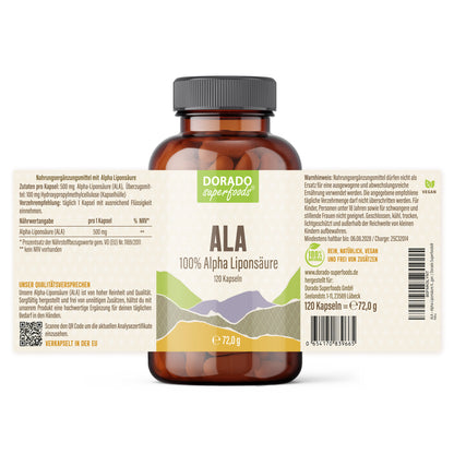 Alpha Liponsäure Kapseln hochdosiert | 500mg ALA | 120 vegane Kapseln | Antioxidantien