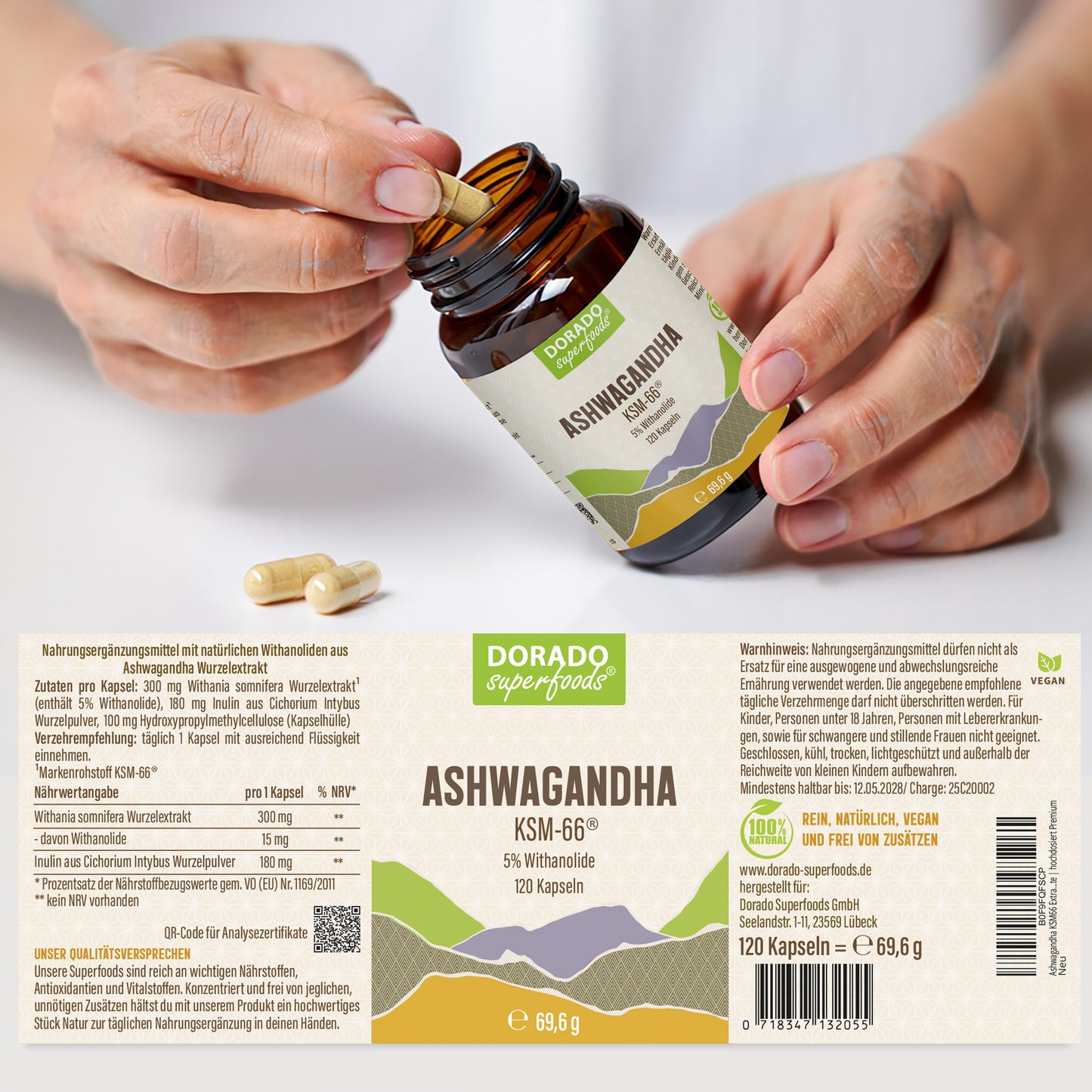 Ashwagandha KSM-66 Kapseln hochdosiert | 300mg | 5% Withanolide | 120 vegane Kapseln