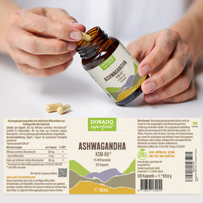 Ashwagandha KSM-66 Kapseln hochdosiert | 300mg | 5% Withanolide | 120 vegane Kapseln