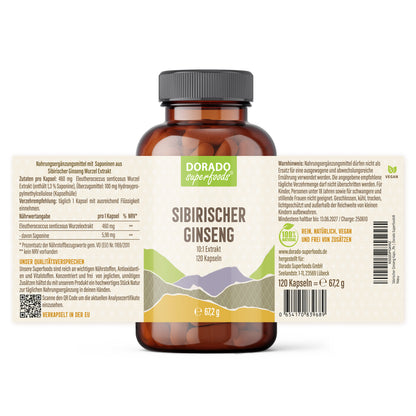 Sibirischer Ginseng Kapseln – 460 mg Eleutherococcus senticosus Wurzelextrakt | 120 Stück – 4 Monatsvorrat